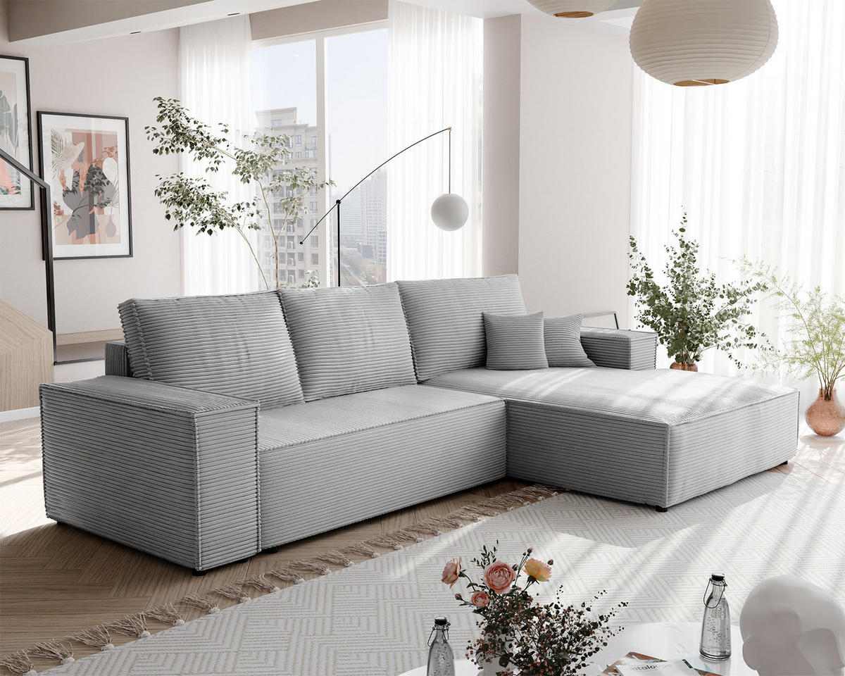 ECKSOFA NOVA mit Schlaffunktion und Bettkasten Hellgrau - Hellgrau, Holzwerkstoff/Kunststoff (250/90cm) - Idohome