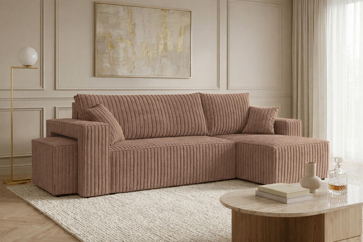 ECKSOFA Mit Schlaffunktion Und Pouf, Cordstoff Tilia, Braun, Rechts, Best L Mit Pouf - Braun, Holz (244/145cm) - Kaiser Möbel