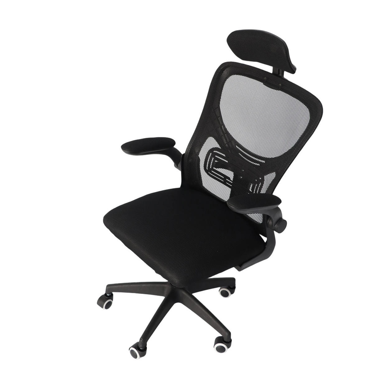 BÜROSTUHL ergonomisch Schwarz – Mesh Drehstuhl mit hoher Rückenlehne, Lendenstütze, 3D Kopfstütze & klappbaren Armlehnen - Schwarz, Kunststoff (51/58/26cm) - Ej. Life