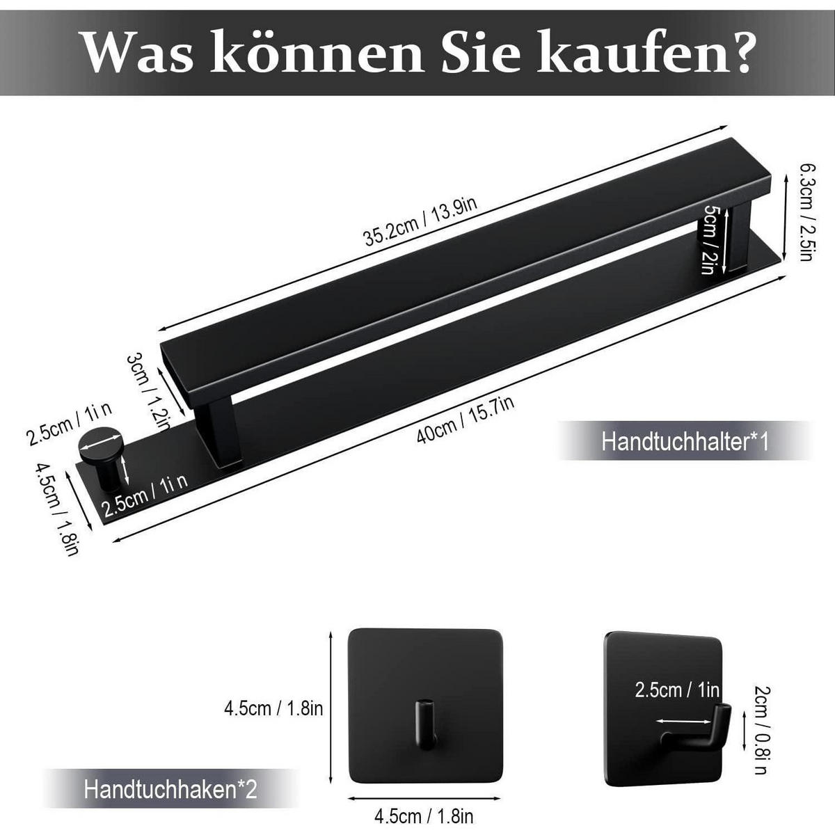 HANDTUCHHALTER ohne Bohren Matt Schwarz 40 cm - Schwarz, Metall (7.1/4.9/40.8cm)