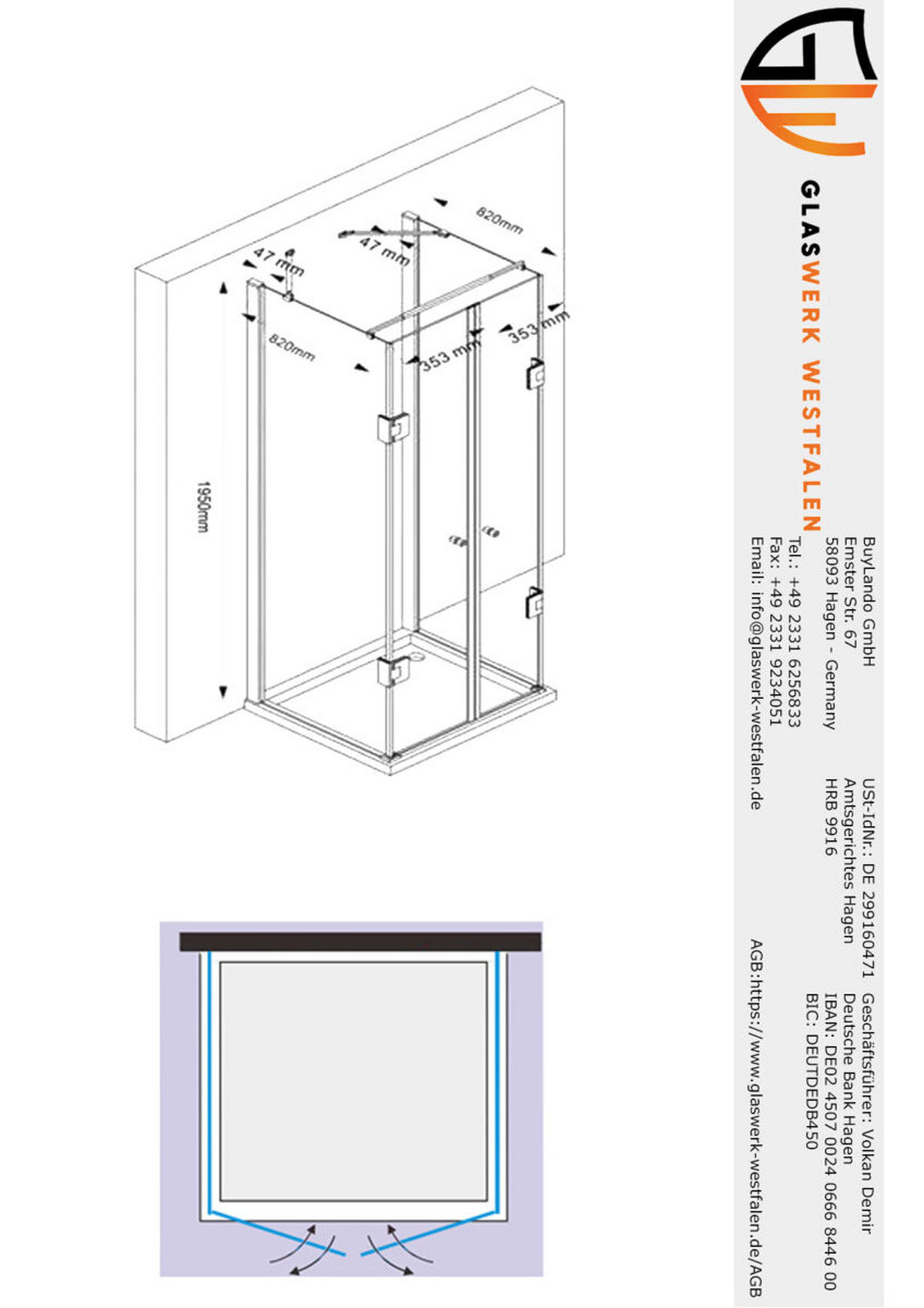 DUSCHKABINE Emma 90x80x90 x195 cm U-Form Schwarz - Schwarz, Glas (80/90/195cm) -  Glaswerk Westfalen