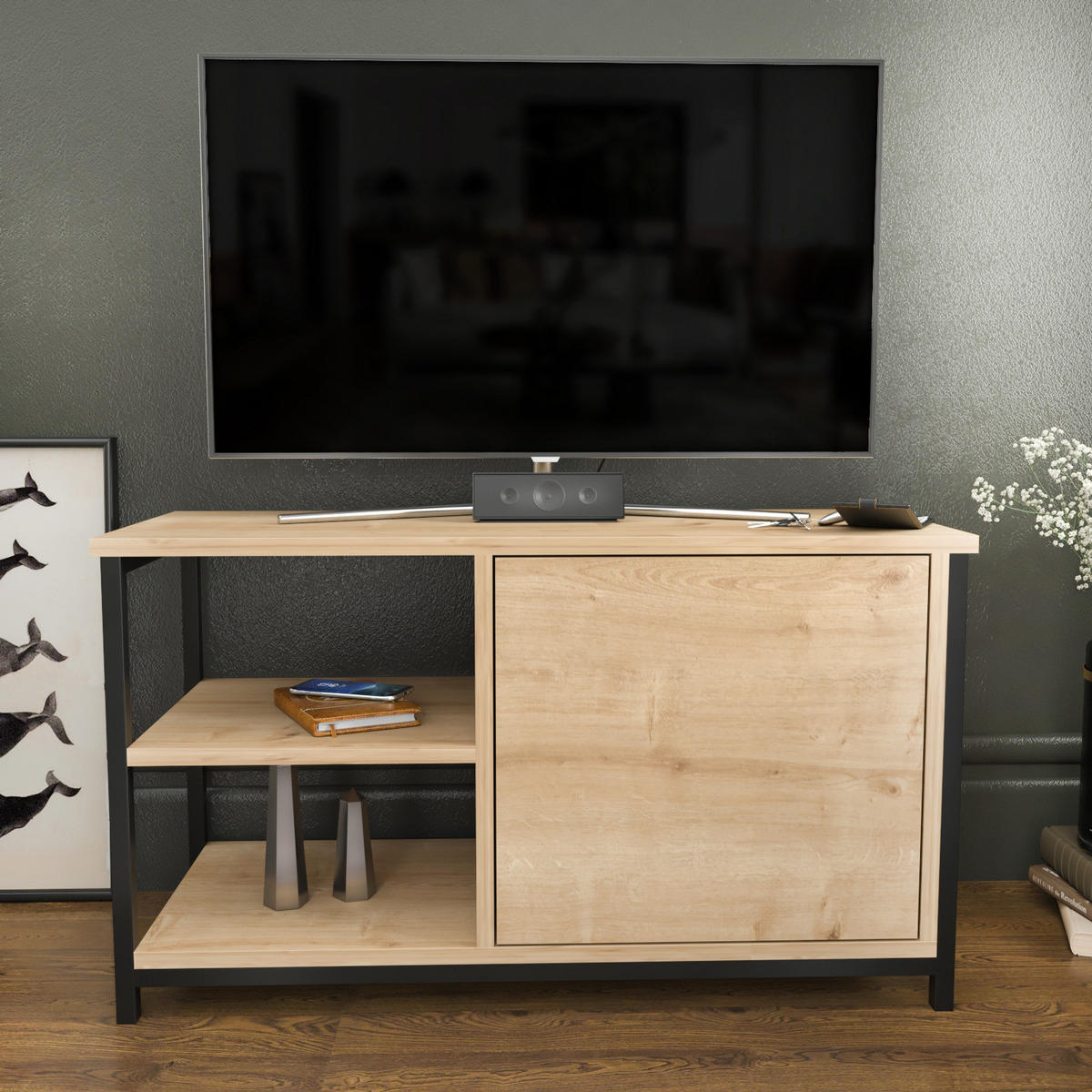 TV Unit Muskegon Schwarz Eiche Safir - Eichefarben/Schwarz, Holzwerkstoff (90/51/36cm) - Decorotika