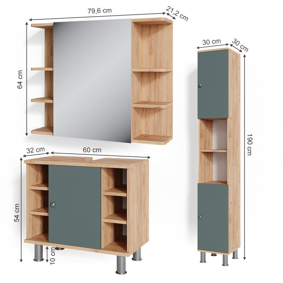 BADMÖBEL-SET Fynn Grün 3 Teile, mit Hochschrank - Honigeiche/Grün, Holzwerkstoff (60/54/32cm) - Vicco