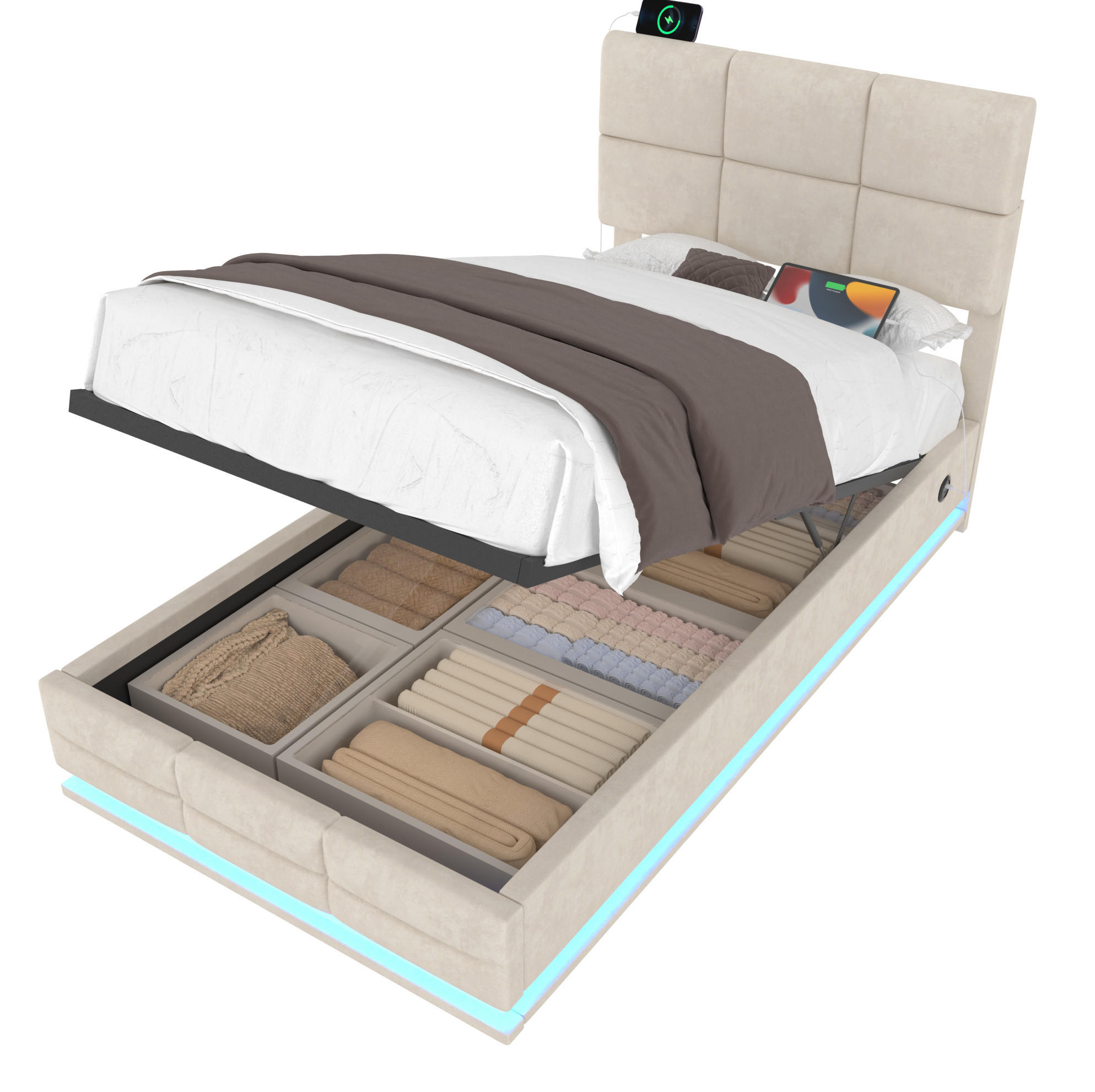 BETT mit Stauraum 90x200 cm Samt Beige - Beige, Metall (90/200cm) - Meubliv