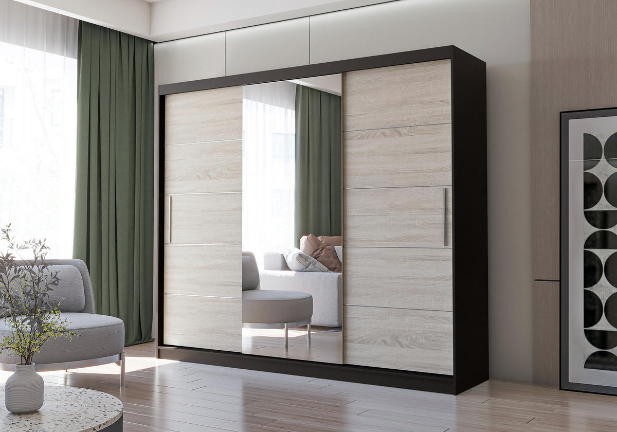 SCHWEBETÜRENSCHRANK Alba Schwarz/Sonoma Eiche + Spiegel, ohne LED Beleuchtung 250 cm - Alufarben/Schwarz, Glas/Holzwerkstoff (250/218/61cm) - imoebel24
