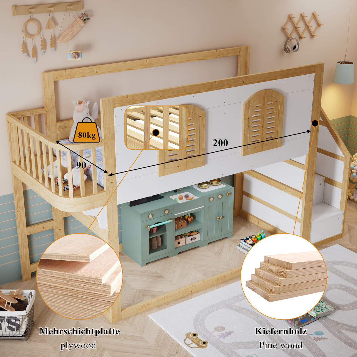 HOCHBETT 90/200 cm in Weiß & Natur mit Treppenschrank und Fensterdesign - Weiß/Naturfarben, Holz/Holzwerkstoff (90/200cm) - WISHDOR