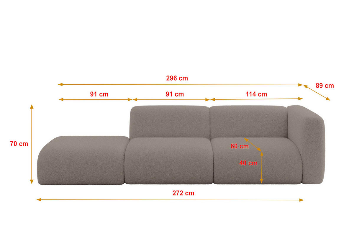 SOFA Ottomane Rechts MIRA-S3 296x89x70 Braun Bouclé - Dunkelbraun/Schwarz, Holzwerkstoff/Kunststoff (296/70/89cm) - ALTDECOR