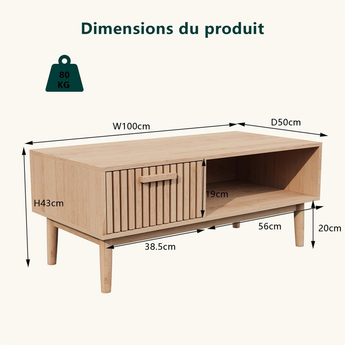 COUCHTISCH im skandinavischen Stil - mit 1 Schublade und offenem Fach - Eichefarben, Holzwerkstoff (100/50/43cm) - DELFA