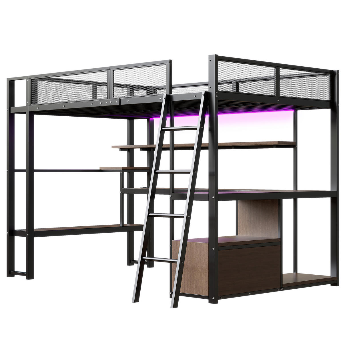 HOCHBETT 140/200 cm DE-03435, mit LED-Beleuchtung und Stauraum, in Schwarz - Schwarz, Holzwerkstoff/Metall (140/200cm) - ComfortXL