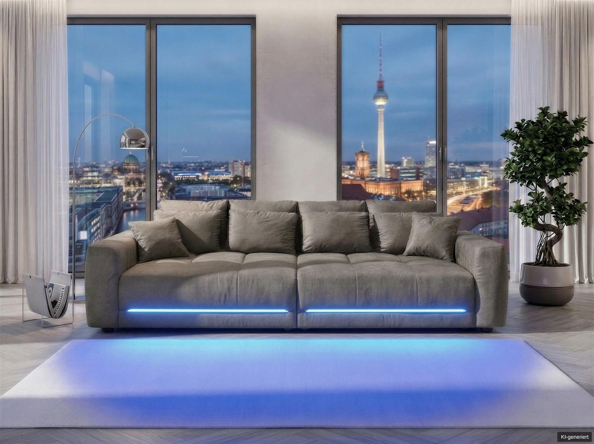 BIG-SOFA Federkern B294/T136/H86 cm, RGB-LED-Beleuchtung mit Fernbedienung, Mikrofaserstoff in Hellgrau / 15416 - Hellgrau/Schwarz, Kunststoff/Textil (294/86/136cm) - luma-home