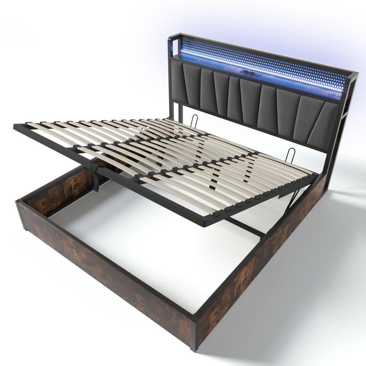 BETT mit LED-Kopfteil und Stauraum 180x200 cm Grau mit USB & Steckdosen - Grau, Metall (180/200cm) - Meubliv