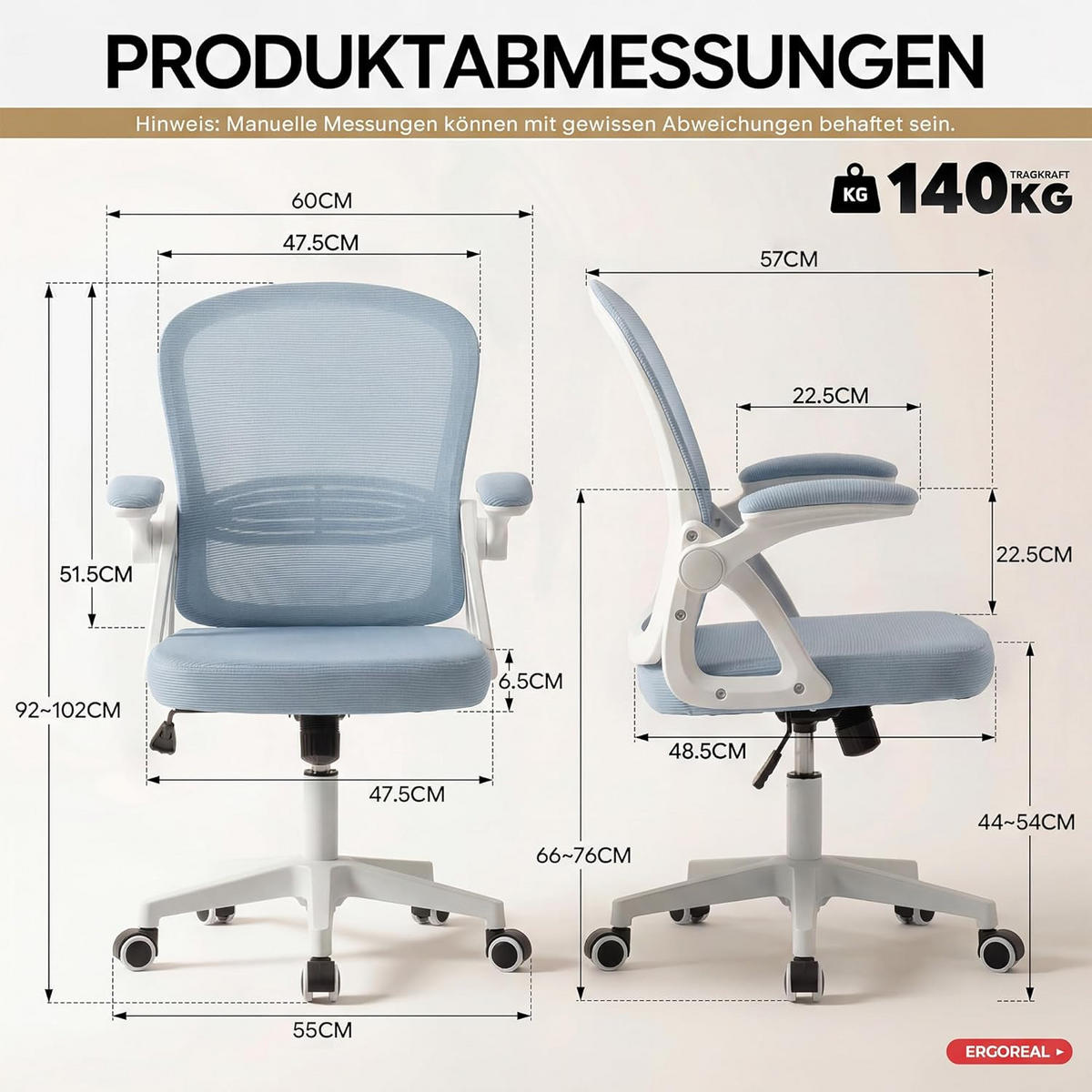 BÜROSTUHL Ergonomischer 90-110°neigbar, 90° Aufklappbare Armlehnen - Blau, Metall (60/92/57cm) - Gisaae