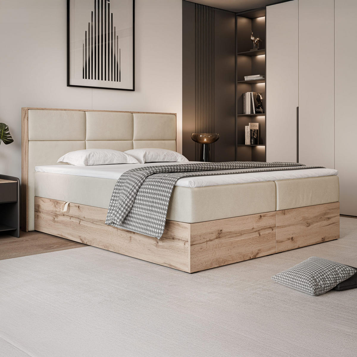 BOXBETT LAVIO 160/200 cm, in Hellbeige, mit Matratze und Topper - Sandfarben, Holzwerkstoff/Textil (160/200cm) - Idohome