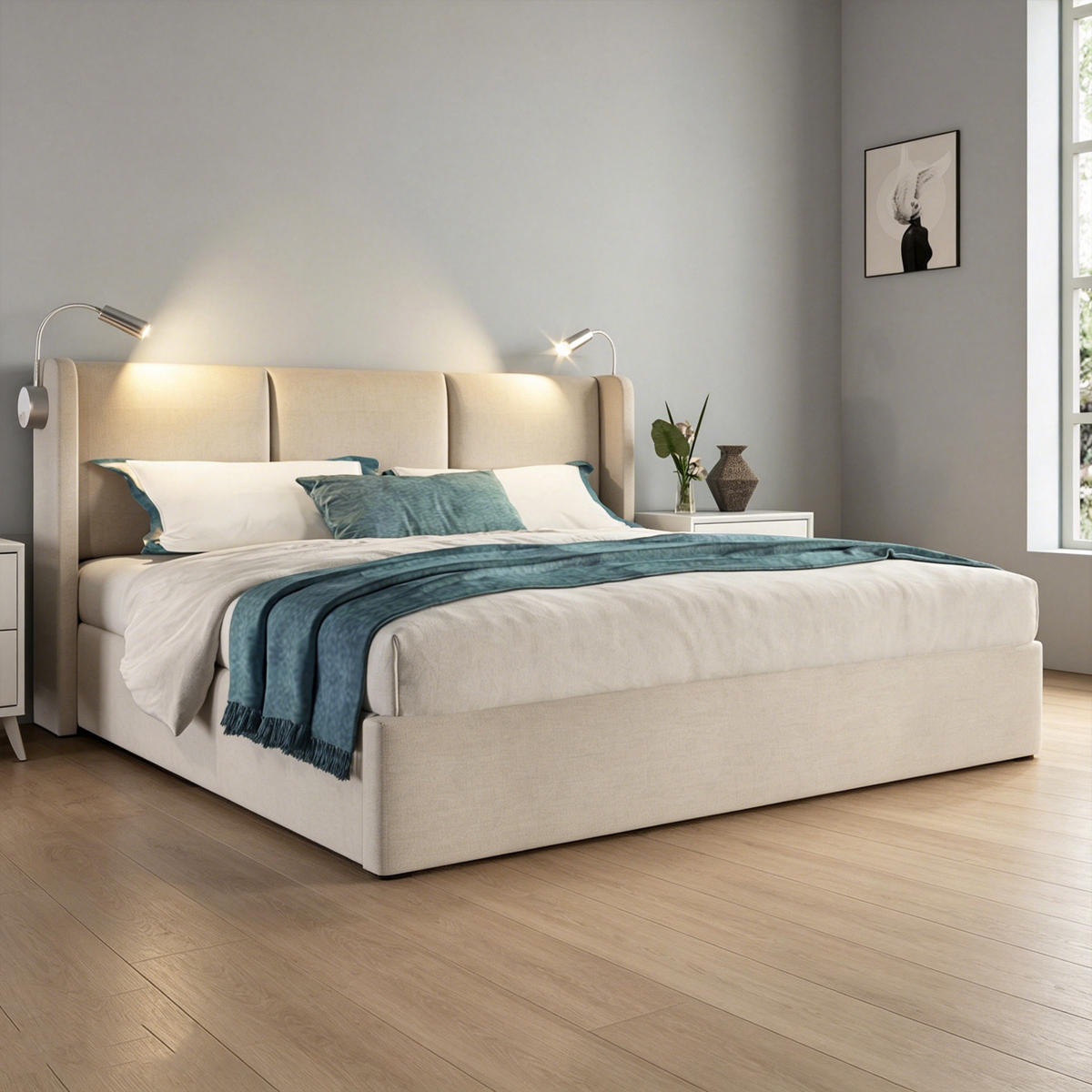 POLSTERBETT 160x200 mit stauraum, bettgestell 160x200 mit Bettkasten, Leselampe, USB, Lattenrost, Kopfteil, Leinenstoff, beige - Beige, Holz/Textil (160/200cm) - GENKI LIVING