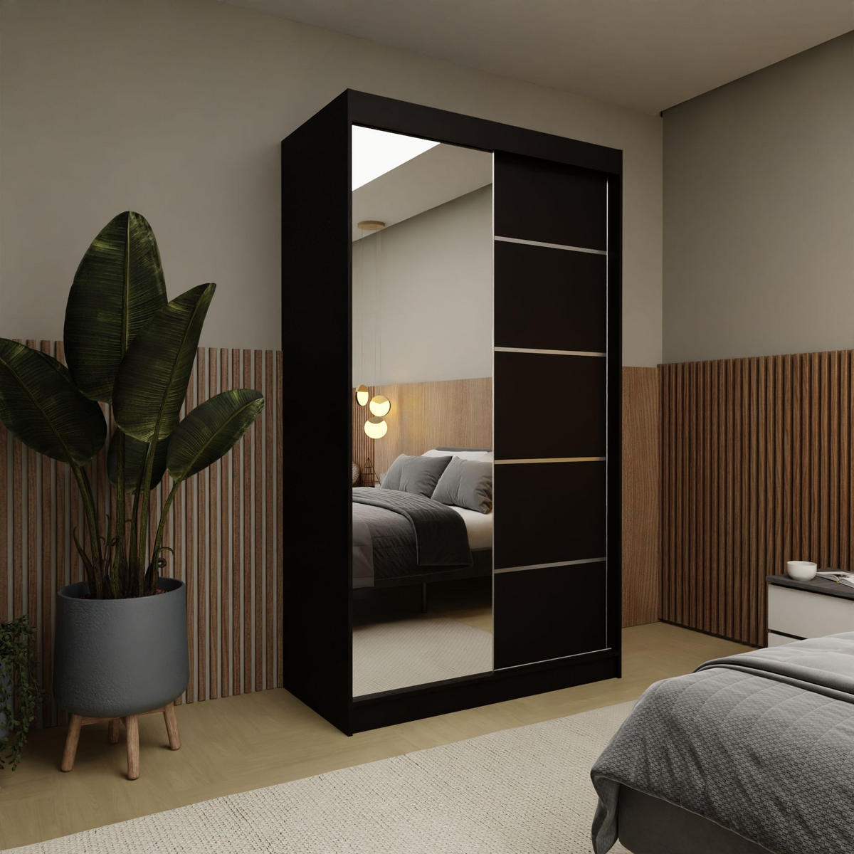 SCHWEBETÜRENSCHRANK MIRELLA 120/216/61 cm 2-türig mit Spiegel Schwarz - Schwarz, Holzwerkstoff (120/216/61cm) - MASSENO