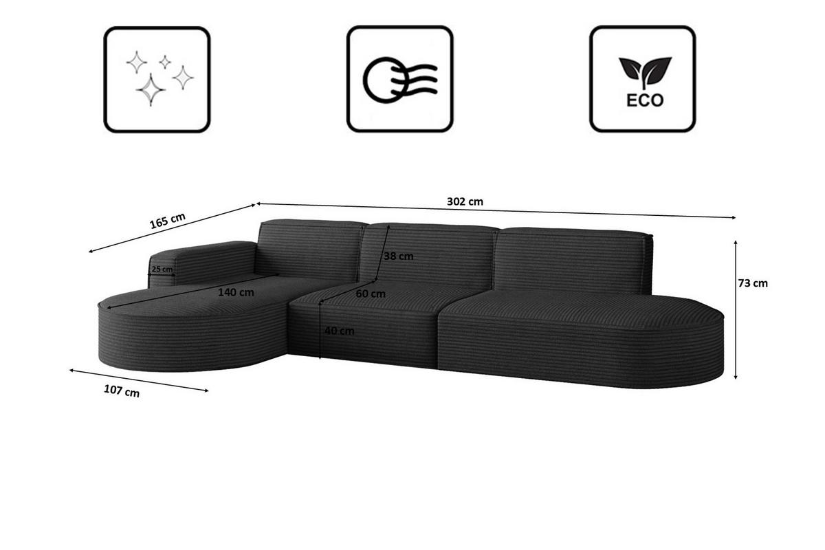 ECKSOFA Designer, Sofa L form MODENA 302 cm stoff Poso Schwarz Links - Schwarz, Holz (302/296cm) - Kaiser Möbel