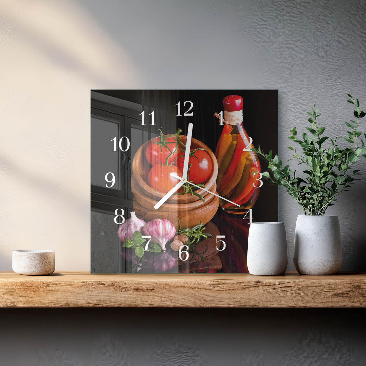 WANDUHR 30x30 cm - Tomaten und Knoblauch - Rot, Glas (30/30/0.4cm) - TULUP