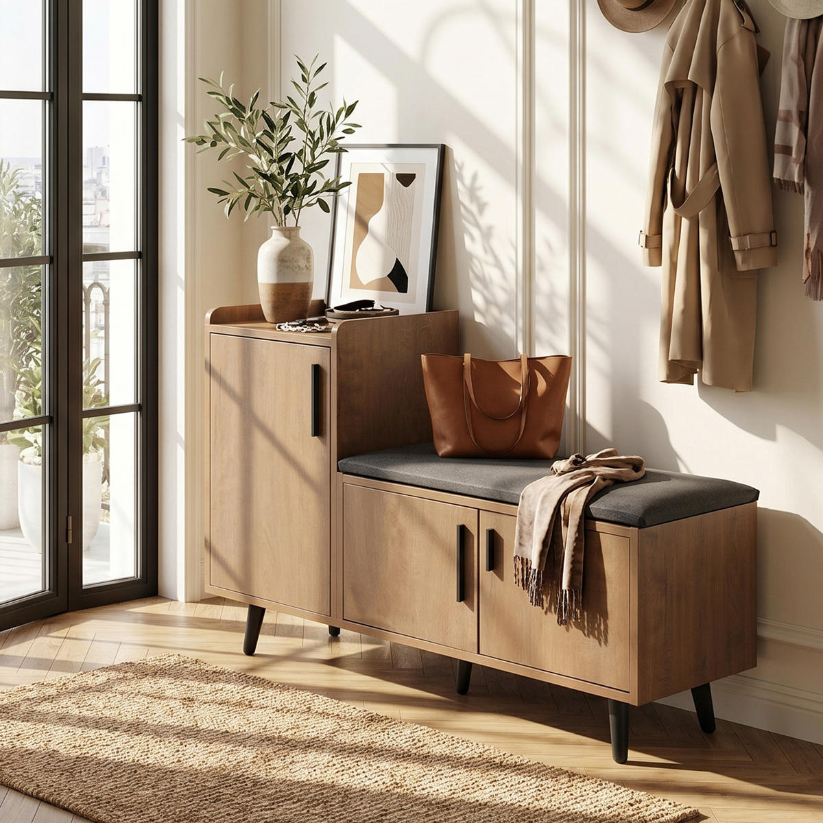 SCHUHBANK natur-optik, 3 türen & gepolsterte sitzfläche - Naturfarben, Holzwerkstoff (100/68.5/34cm) - Urban Meuble
