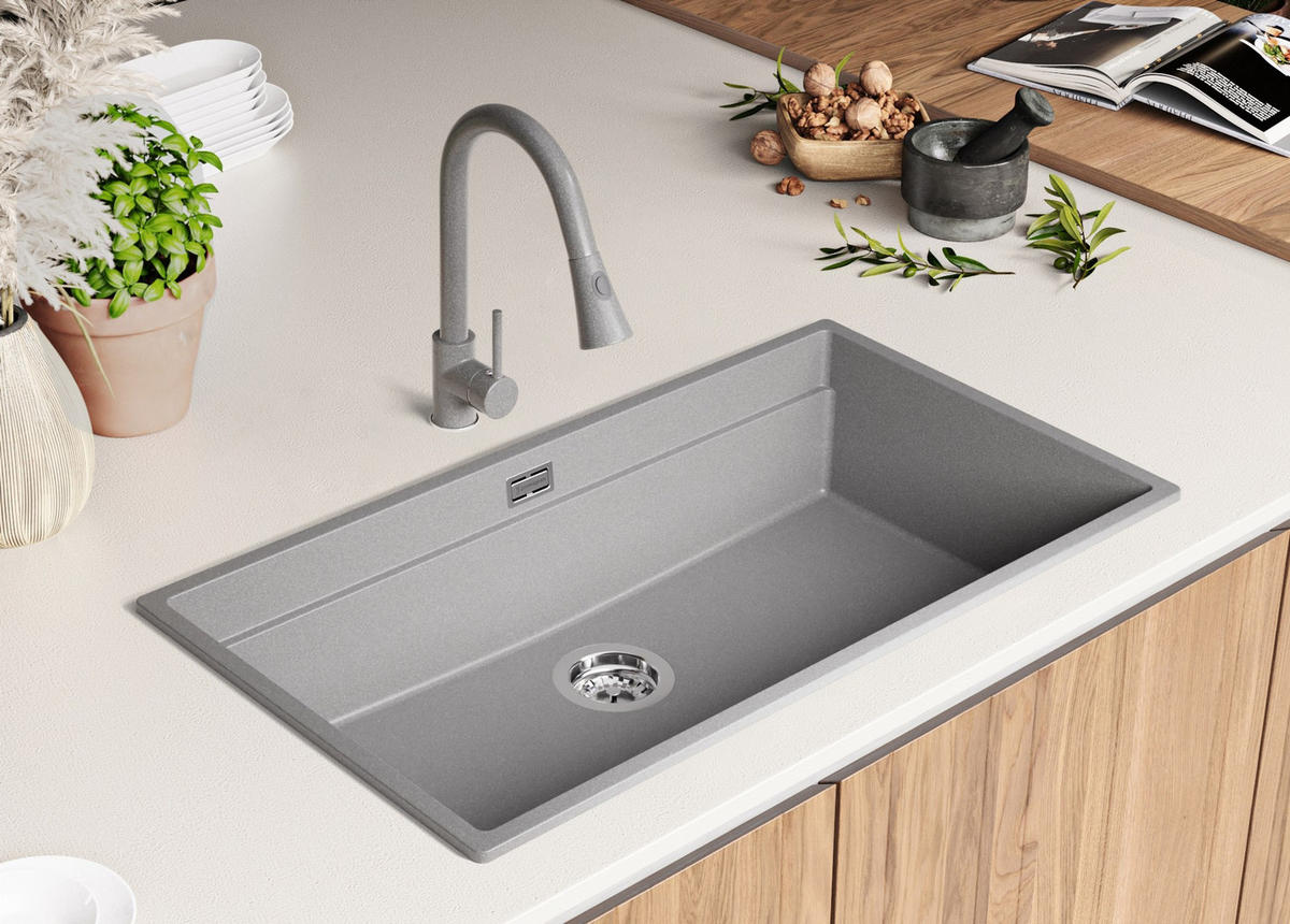 GRANITSPÜLE Praga Slim, 2-er set Grau 86/47 cm 1 Becken + Küchenarmatur 40/20 cm + Ablauf-Set + Aufrollbare Abtropffläche ab 90er Unterschrank - Chromfarben/Grau, Kunststoff (86/20/47cm) - Primagran