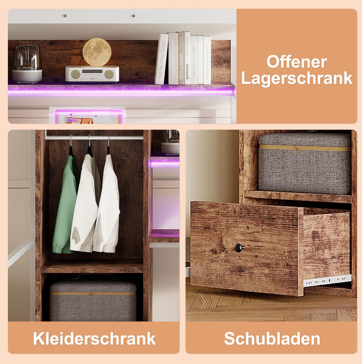HOCHBETT 140/200 cm aus Metall und MDF mit Schreibtisch, Stauraum und LED-Beleuchtung Weiß - Weiß, Holzwerkstoff (140/200cm) - Modenvie