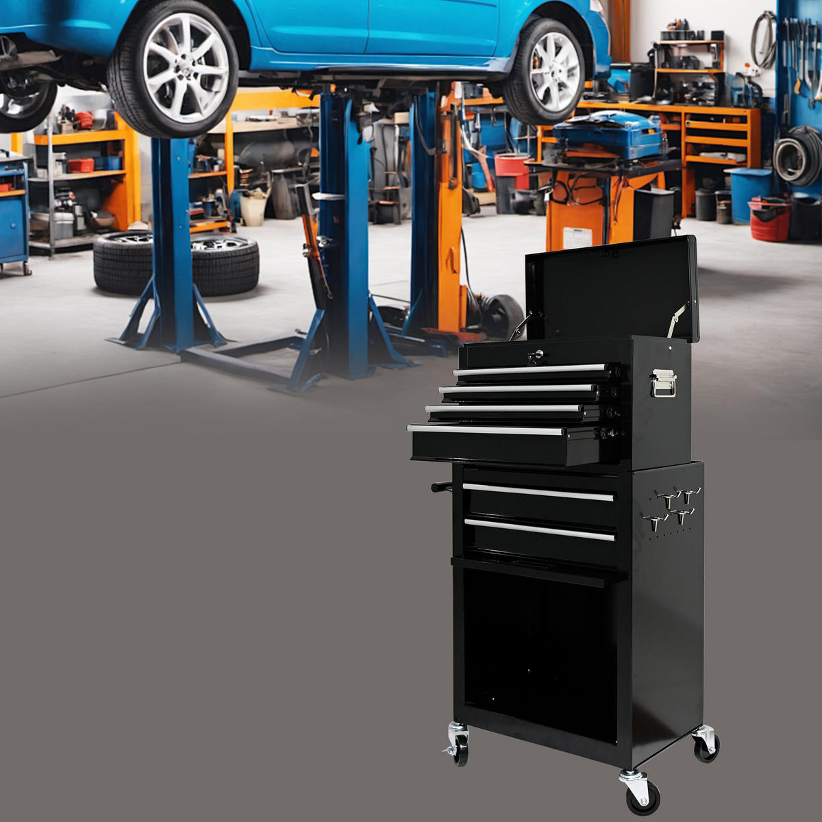 WERKZEUGWAGEN mit Rollen – 6 Schubladen, große Kapazität, Metall Tool-Truhe, Werkstattwagen für Garage, Schwarz - Schwarz, Metall (33/109/52.5cm) - Ej. Life