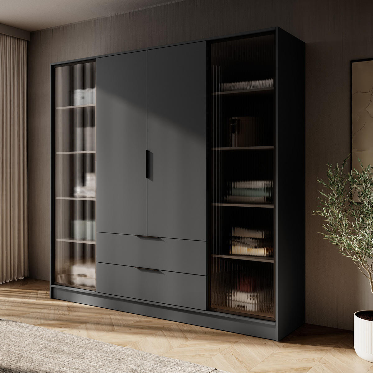 KLEIDERSCHRANK RICADI 4D RD (Graphit, Riffelglas, 4 Türen, 2 Schubladen, Kunststoffgriffe) - Schwarz/Graphitfarben, Holz/Holzwerkstoff (206/200/51cm) - Ravio