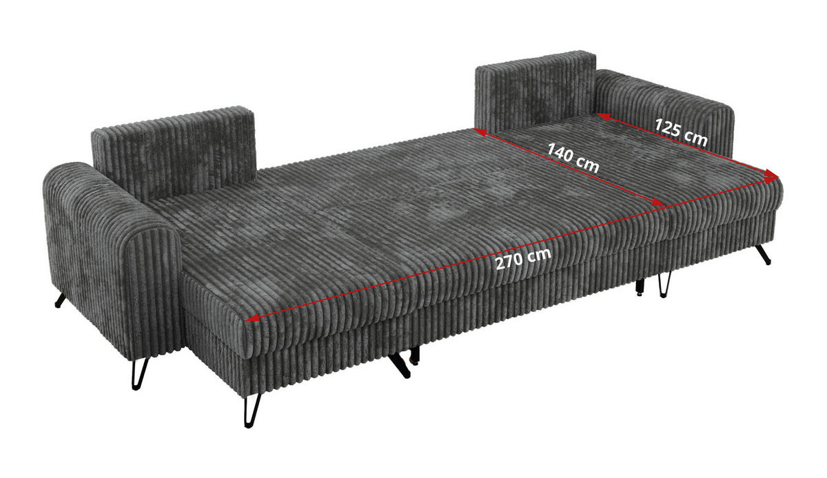 WOHNLANDSCHAFT AXEL U Cord Dunkelgrau - Schwarz/Grau, Textil/Metall (312/90/140cm) - MKS