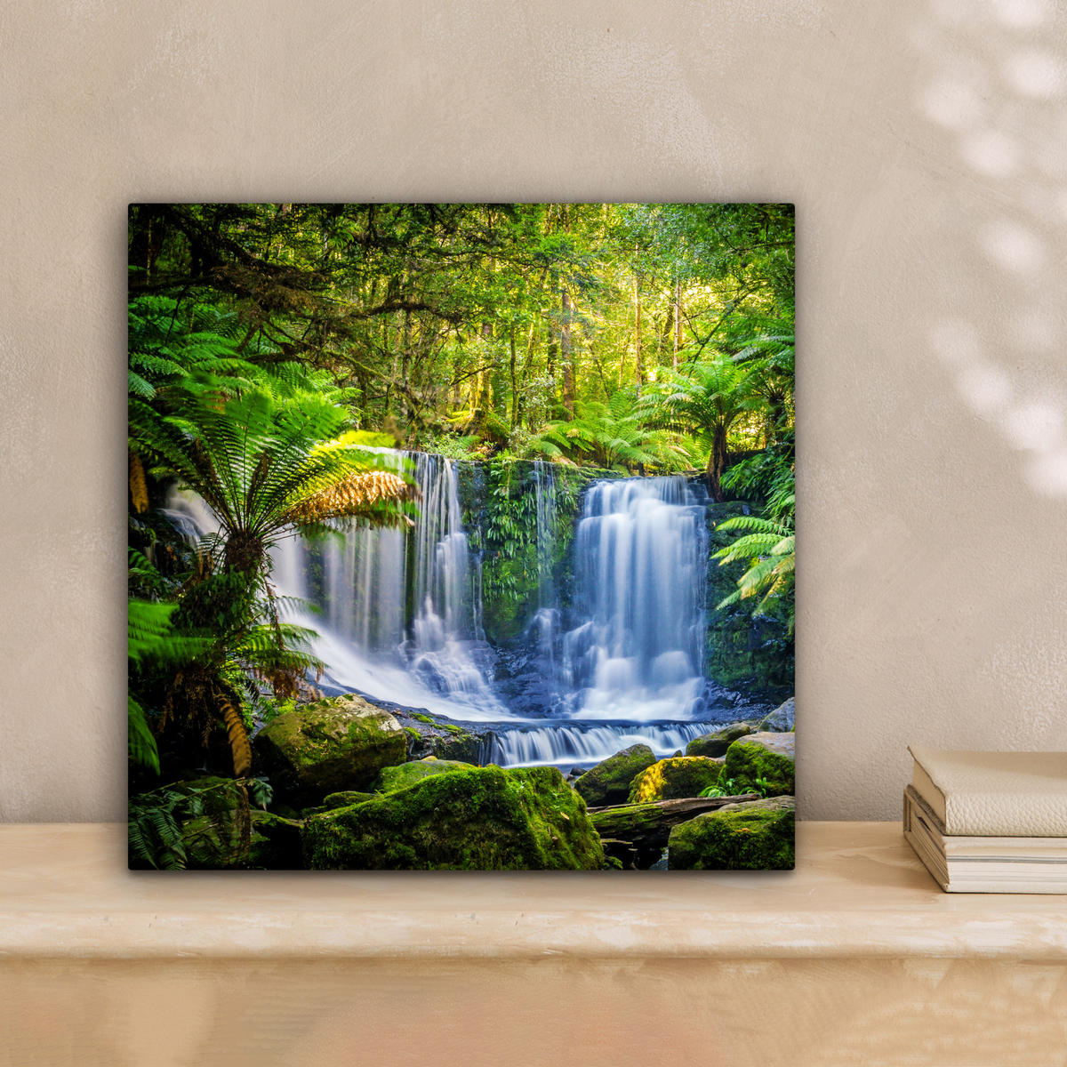 LEINWANDBILD Dschungel - Wasserfall - Australien - Pflanzen - Natur Deko Wohnzimmer 20x20 cm - Dunkelgrün, Textil (20/20cm) - MuchoWow