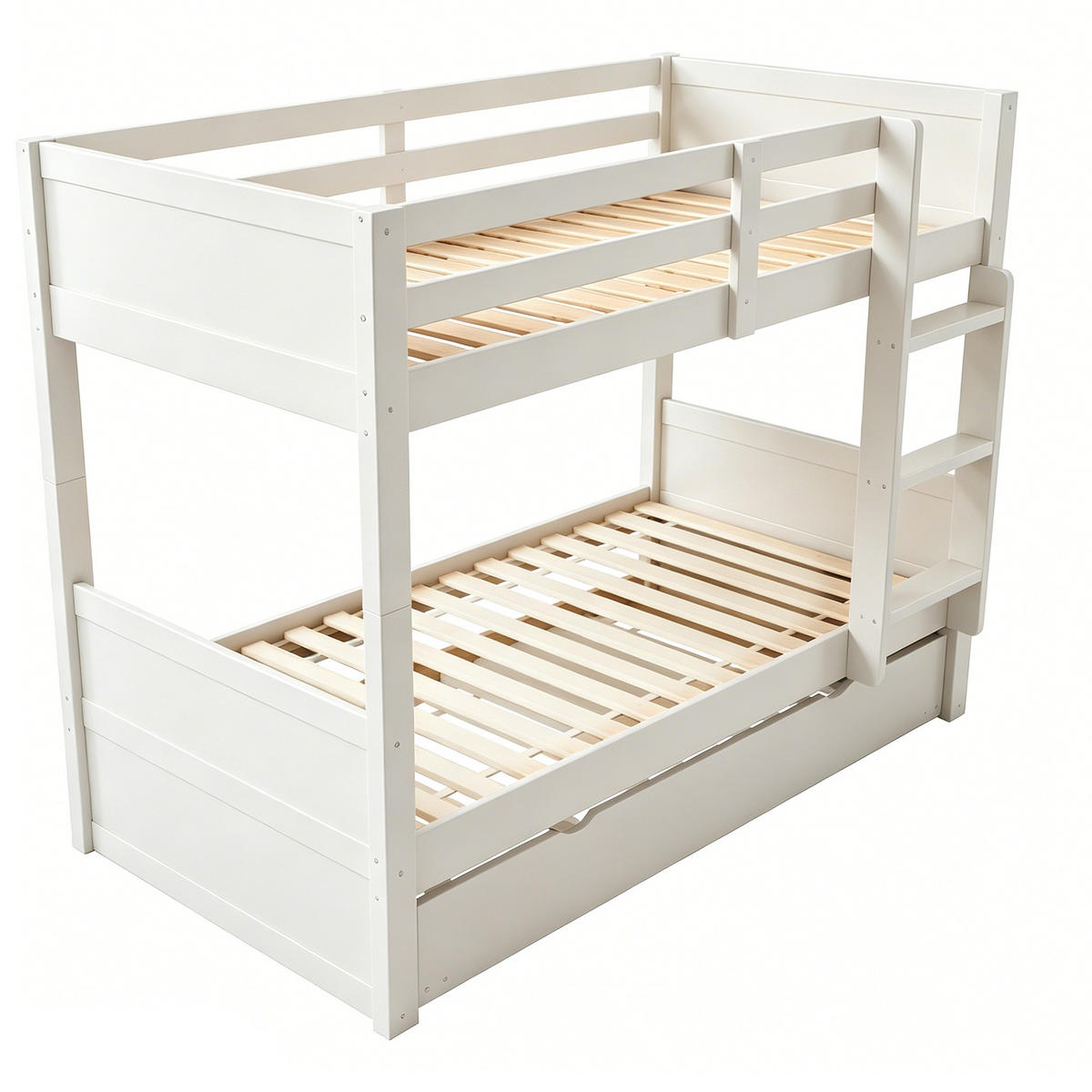 ETAGENBETT 90/200 cm in Weiß mit Ausziehbett, Leiter und Sicherheitsgeländer - Weiß, Holz/Holzwerkstoff (90/200cm) - WISHDOR