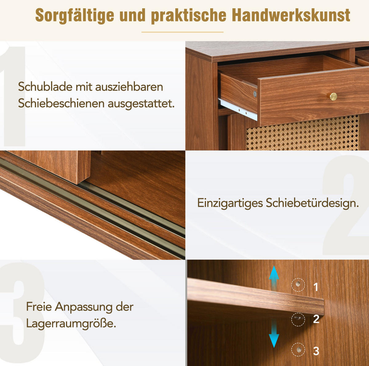SIDEBOARD 120/40/78 cm aus MDF mit Rattangeflecht und 3 Schubladen Walnussfarben - Eichefarben, Holzwerkstoff (120/78/40cm) - Modenvie