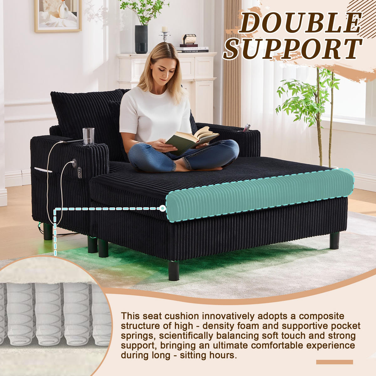 RELAXLIEGE XXL Polsterliege,Relaxsessel,3 Zierkissen,Cord,Schwarz - Schwarz, Textil (128/85/142cm) - LVHOM
