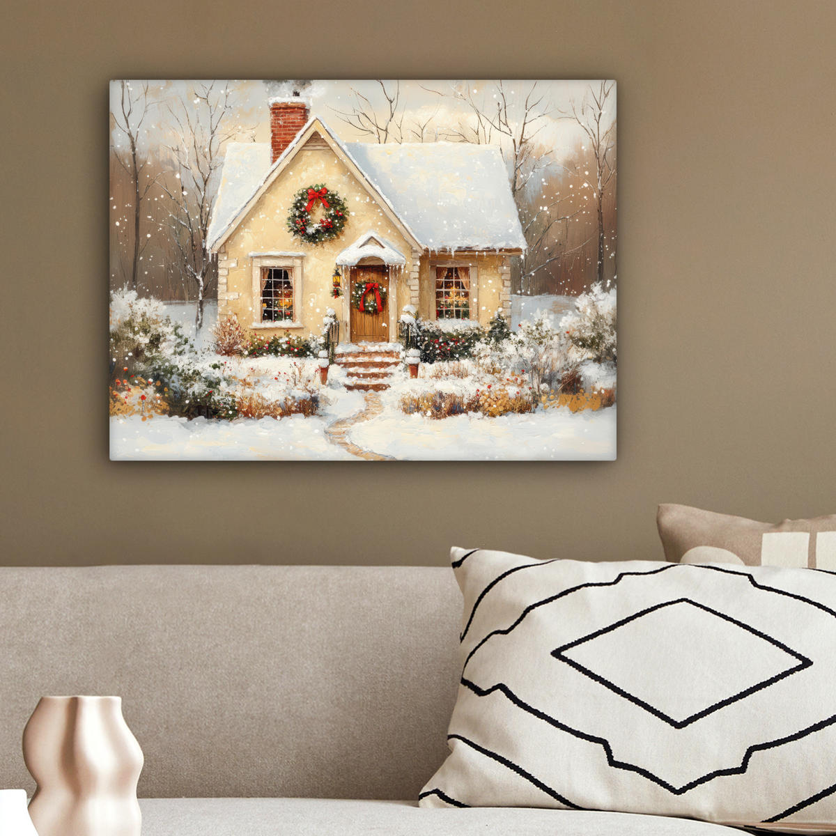 LEINWANDBILD Weihnachten - Zuhause - Winter - Schnee 40x30 cm - Creme, Textil (40/30cm) - MuchoWow