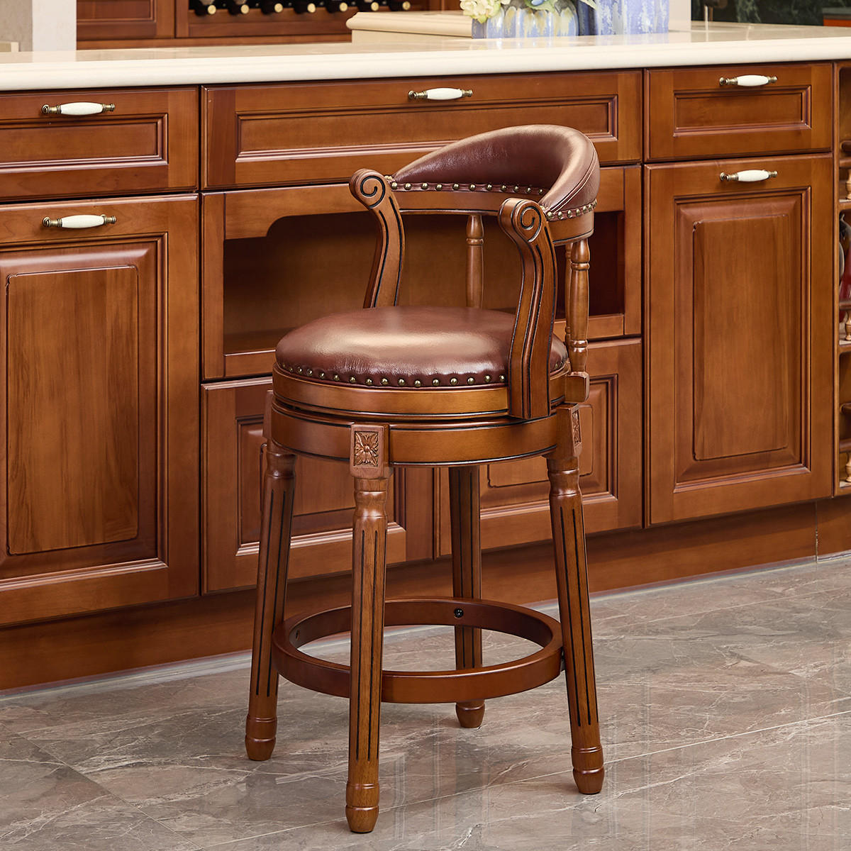 BARHOCKER 1er-Set Braun mit Echtleder und Rückenlehne - Braun, Holz (54.8/96/54.8cm) - PANGIVO