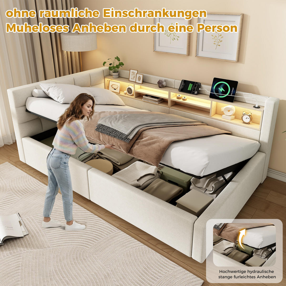 TAGESBETT 90x200cm Schlafsofa Hydraulik LED USB Beige - Beige, Naturmaterialien (90/200cm) - FLIEKS
