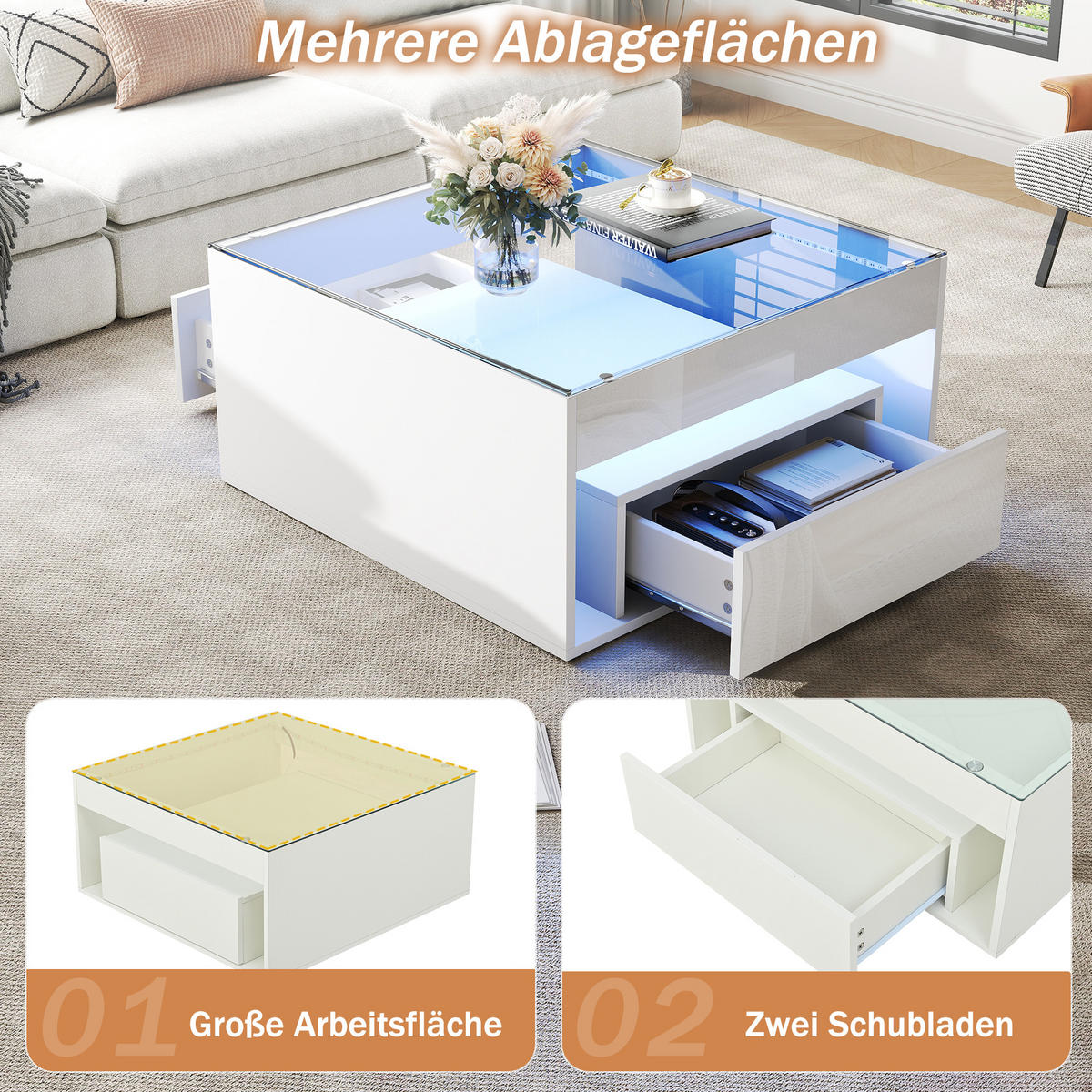 COUCHTISCH DE-052 GlasLED Weiß - Weiß, Holzwerkstoff (70/70/35cm) - ComfortXL
