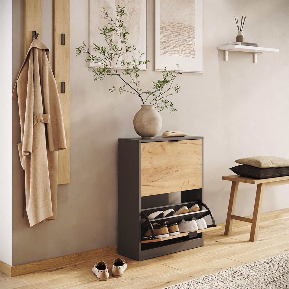 SCHUHKIPPER Gizmo, Goldkraft Eiche/Anthrazit, 59 x 77.6 cm mit 2 Fächern - Honigeiche/Anthrazit, Holzwerkstoff (59/77.6/22cm) - Vicco