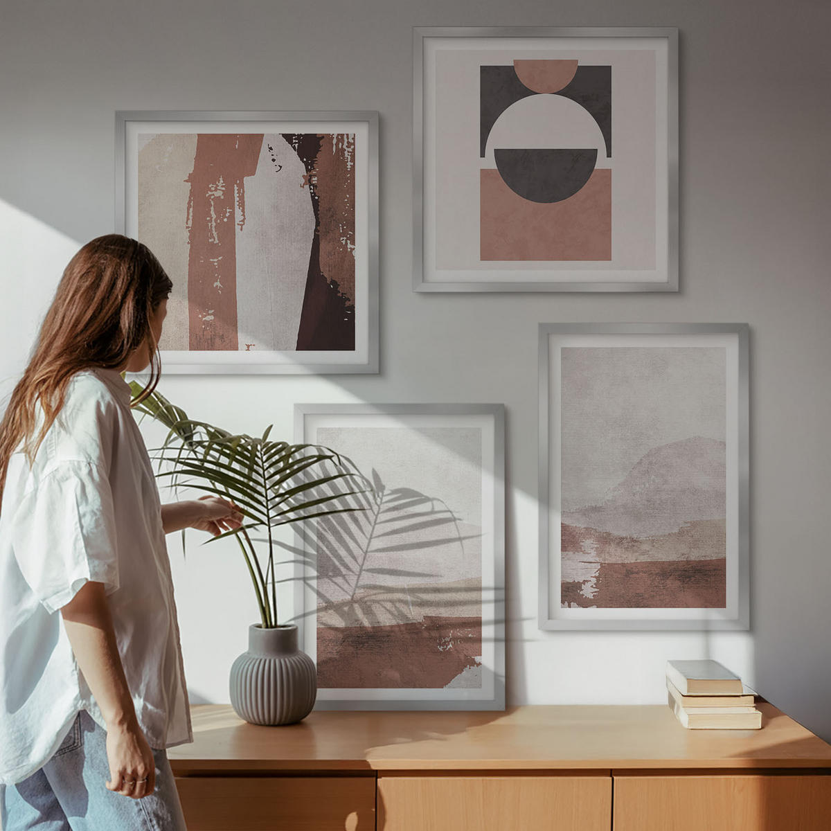 WANDBILDER 4er Set - 50x50 cm & 40x60 cm Silberner Rahmen - Abstrakte braune Muster - Silberfarben, Kunststoff (50/50cm) - ArtPrintCave