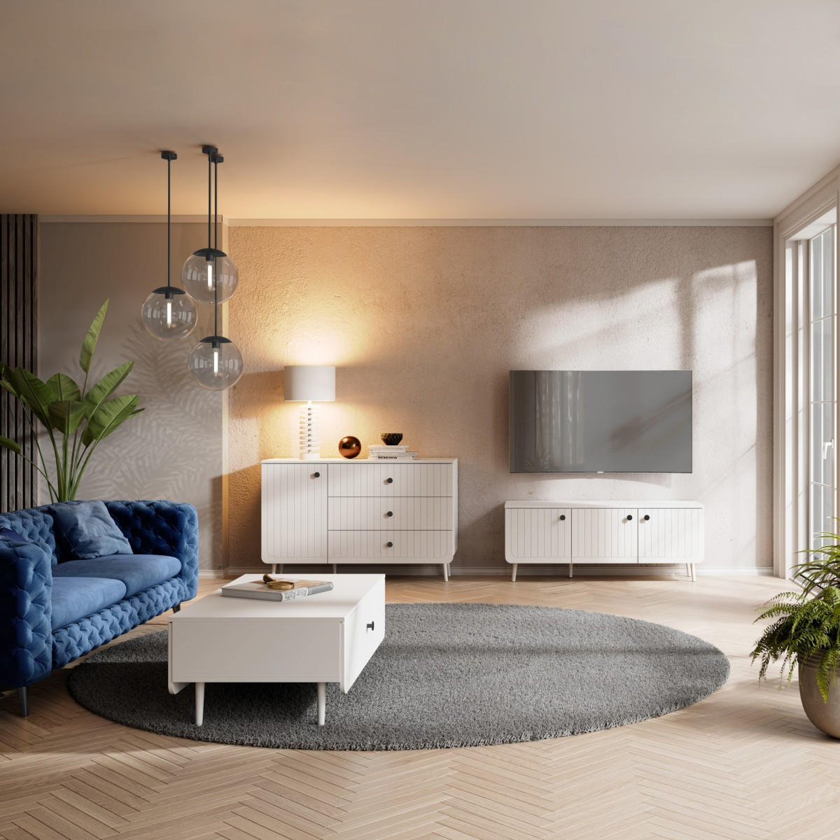 TV-LOWBOARD Chloe 3D 125 Weiß (schwarzer oder goldener Griff) - Schwarz/Weiß, Holzwerkstoff/Kunststoff (127/50/40cm) - mzm24