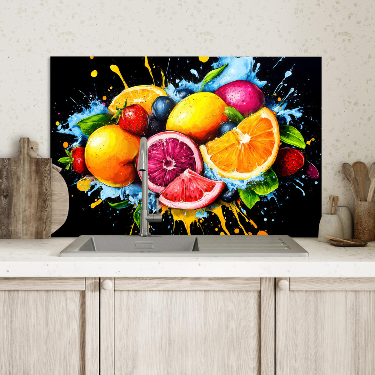 SPRITZSCHUTZ KÜCHE Obst - Graffiti - Bunt - Orange - Erdbeere - Abstrakt 70x50 cm - Orange, Metall (70/0.3/50cm) - MuchoWow