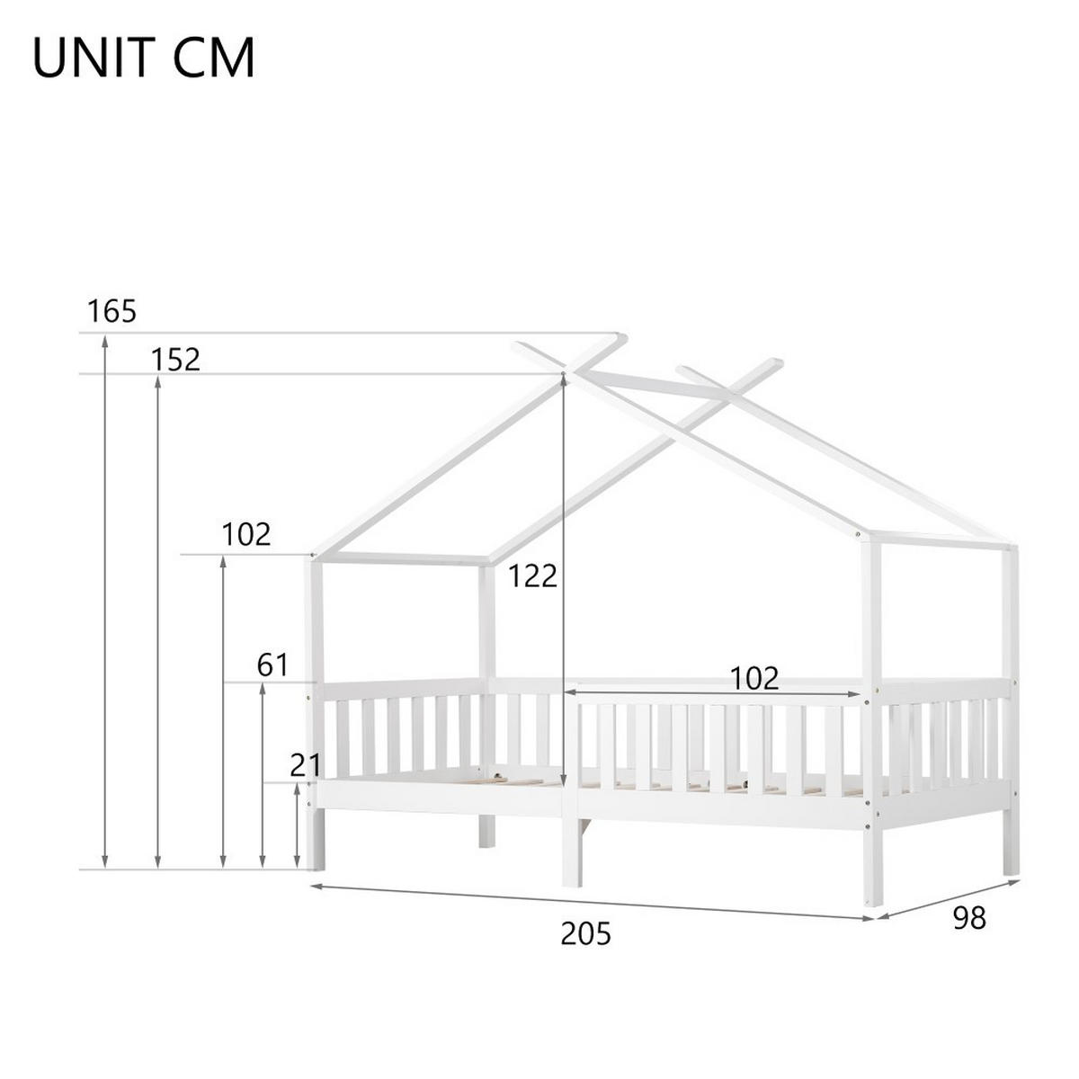 HAUSBETT Kinderbett Massivholz weiß 90x200 cm mit Zaun Absturzsicherung inkl. Lattenrost - Weiß, Holz