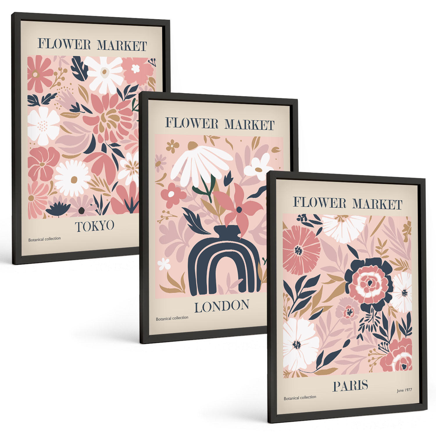 BILDER SET 3er Set - 40x60 cm Schwarzer Rahmen - Blumenmotive Tokio London Paris - Schwarz, Kunststoff (40/60cm) - TULUP