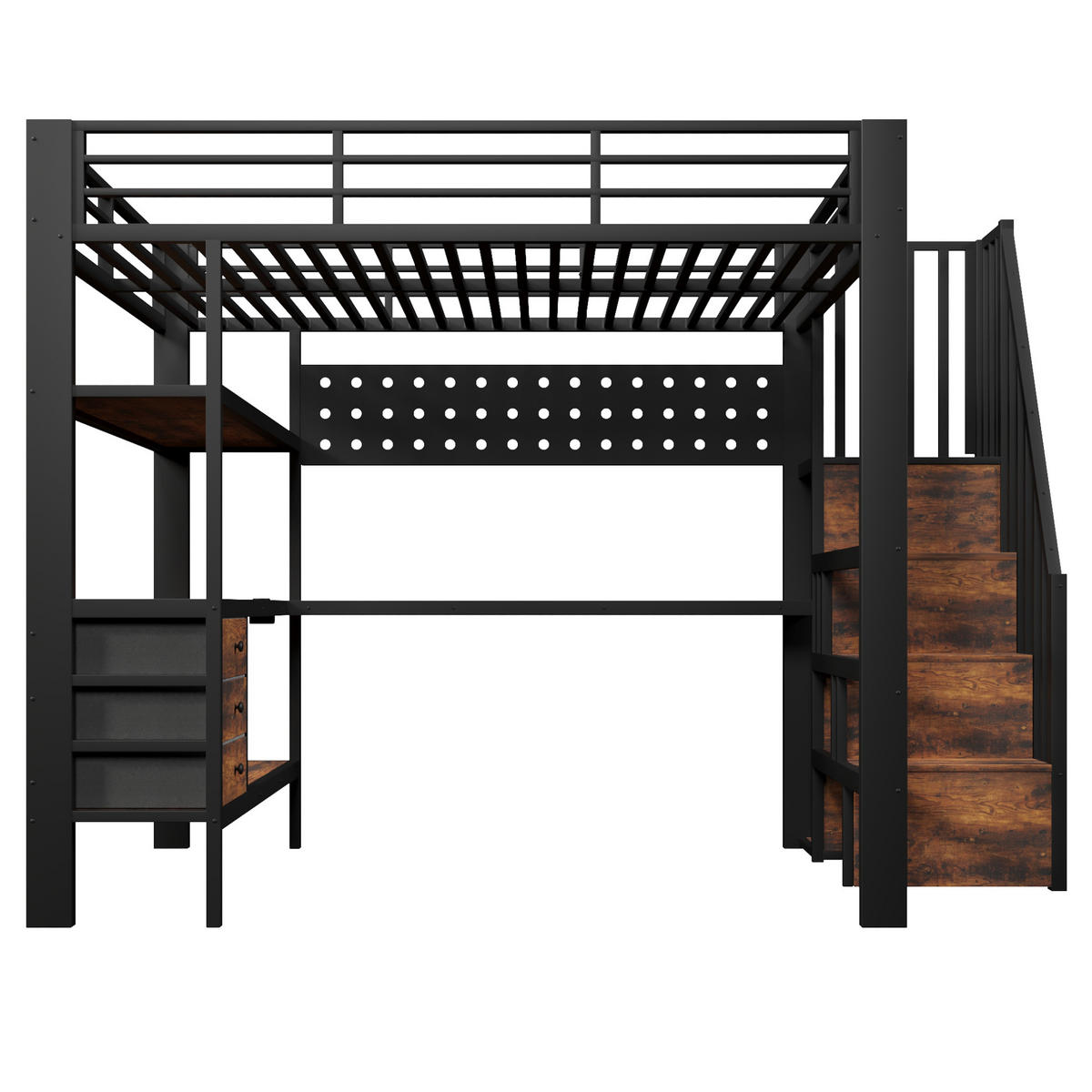 HOCHBETT 140/200 cm aus Metall und MDF mit Schreibtisch, Stauraum, Steckdose und LED-Beleuchtung, Schwarz - Schwarz, Holzwerkstoff (140/200cm) - Redom