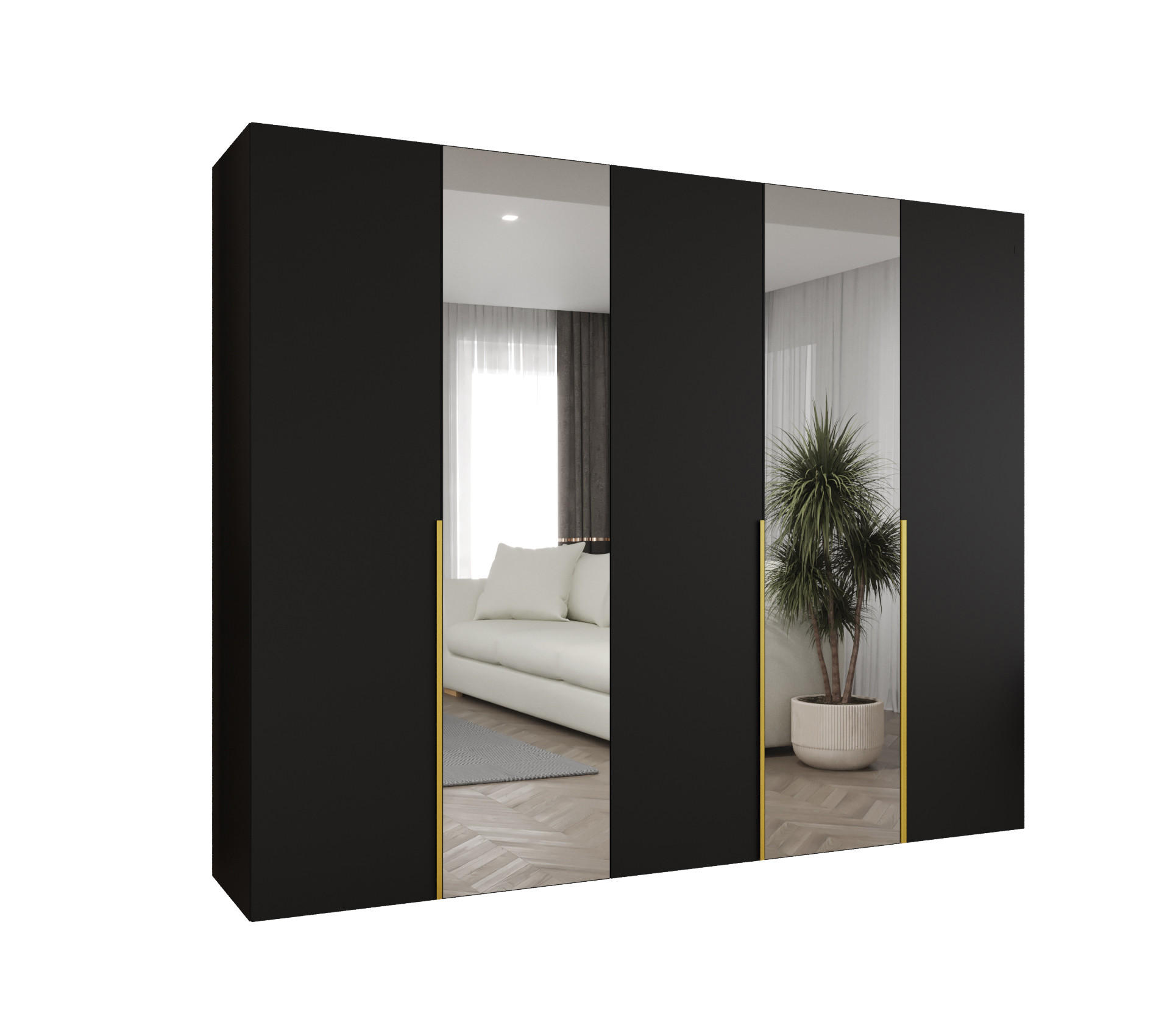DREHTÜRENSCHRANK 202/250/52 5-türig - Goldfarben/Schwarz, Holz (250/202/52cm) - Abiks Möbel