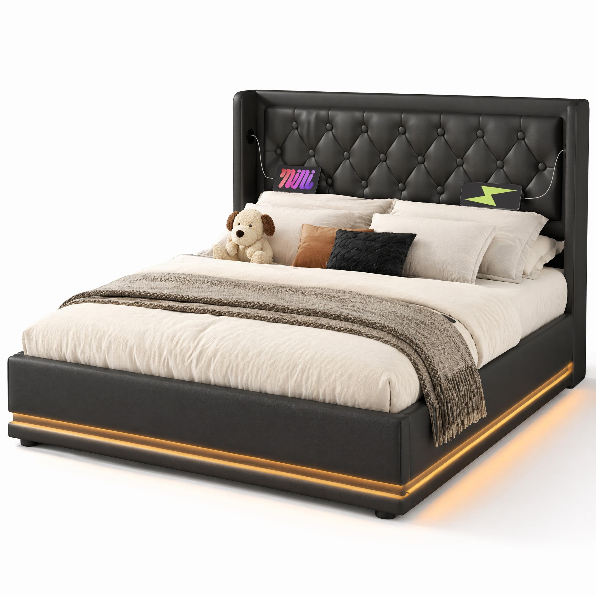 POLSTERBETT 140/200 mit Bettkasten, 3-seitiger LED-Beleuchtung und USB Type-C in Schwarz - Schwarz, Holzwerkstoff/Textil (140/200cm) - EVRYAE