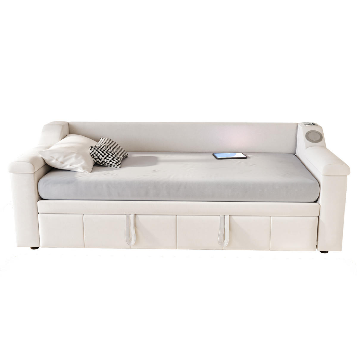 SCHLAFSOFA aus Samtstoff 90/180x190 cm Beige mit Bluetooth-Stereo, USB-Anschluss, Ablagefächern und hydraulischem Auszug - Beige, Textil (216/69/97cm) - Modfu