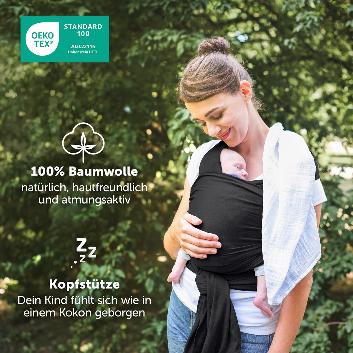 BABYTRAGEN für Neugeborene bis 15 kg - 100% Baumwolle (Ohne Elasthan) - Schwarz - Schwarz, Textil (60/5.1cm) - Laleni