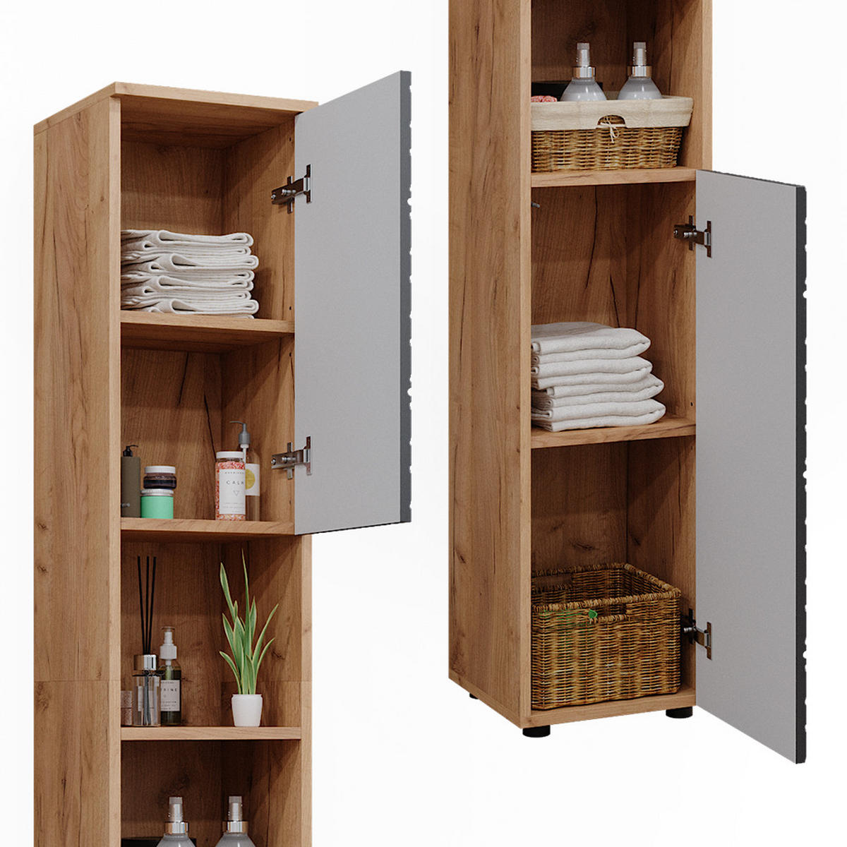 BADSCHRANK Irma Anthrazit gestreift 30 x 192 cm - Anthrazit/Eiche Wotan, Holzwerkstoff (30/192/30cm) - Vicco