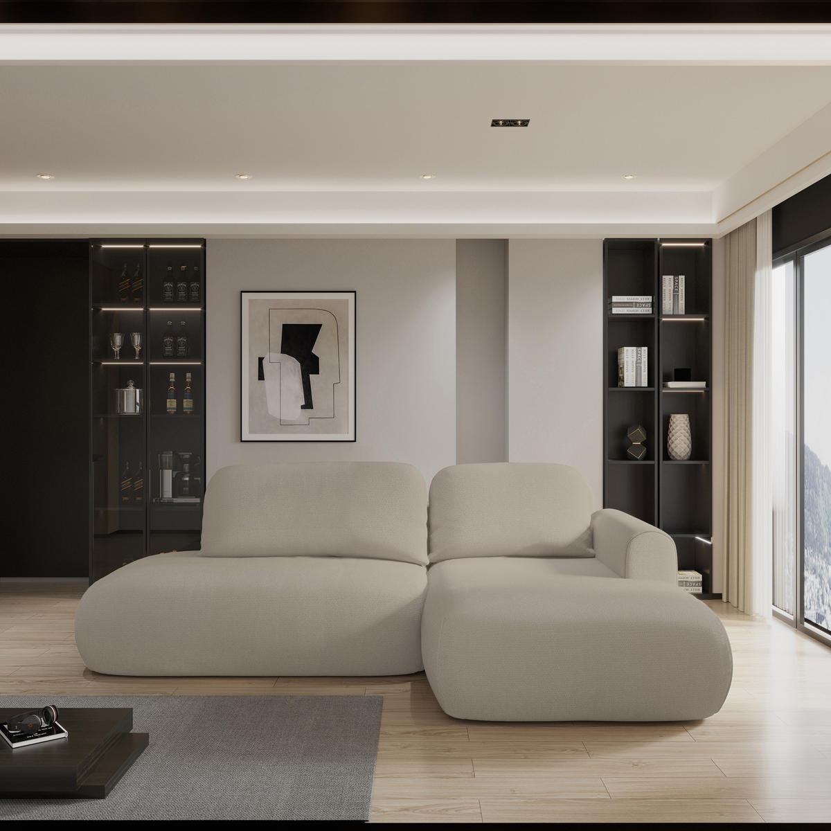 ECKSOFA NUVIRA R-S Beige Geflochtener Stoff mit Schlaffunktion - Beige, Holz (274/165cm) - MASSENO