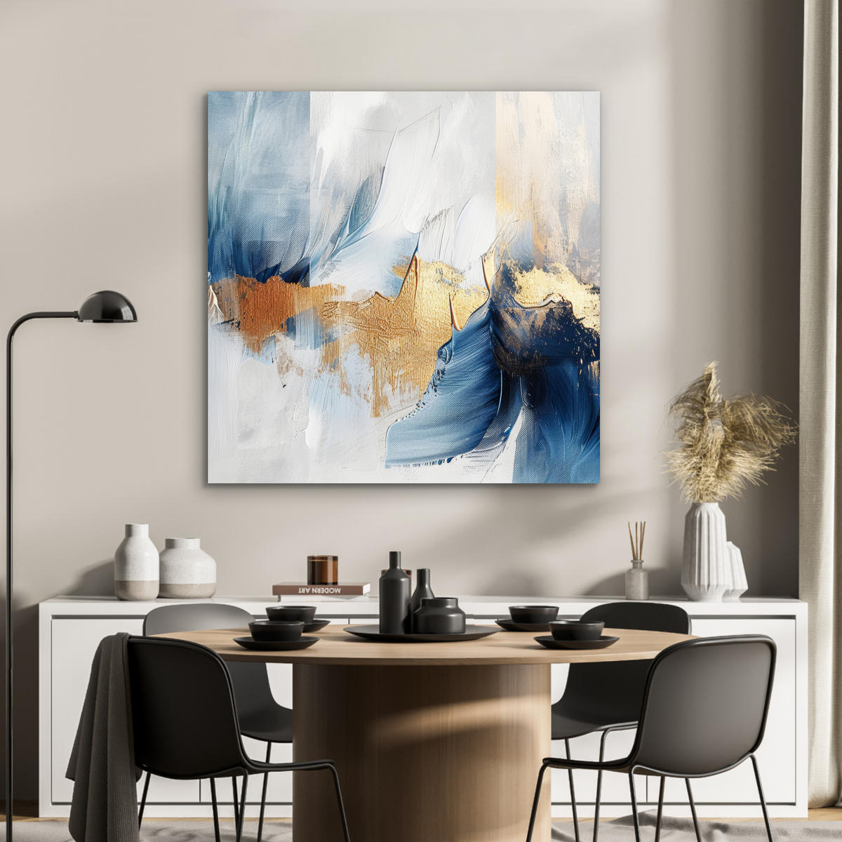 KOVOVÝ OBRAZ Zlatá - modrá - akvarel - umenie - moderné 90x90 cm - svetlomodrá, kov (90/90cm) - MuchoWow