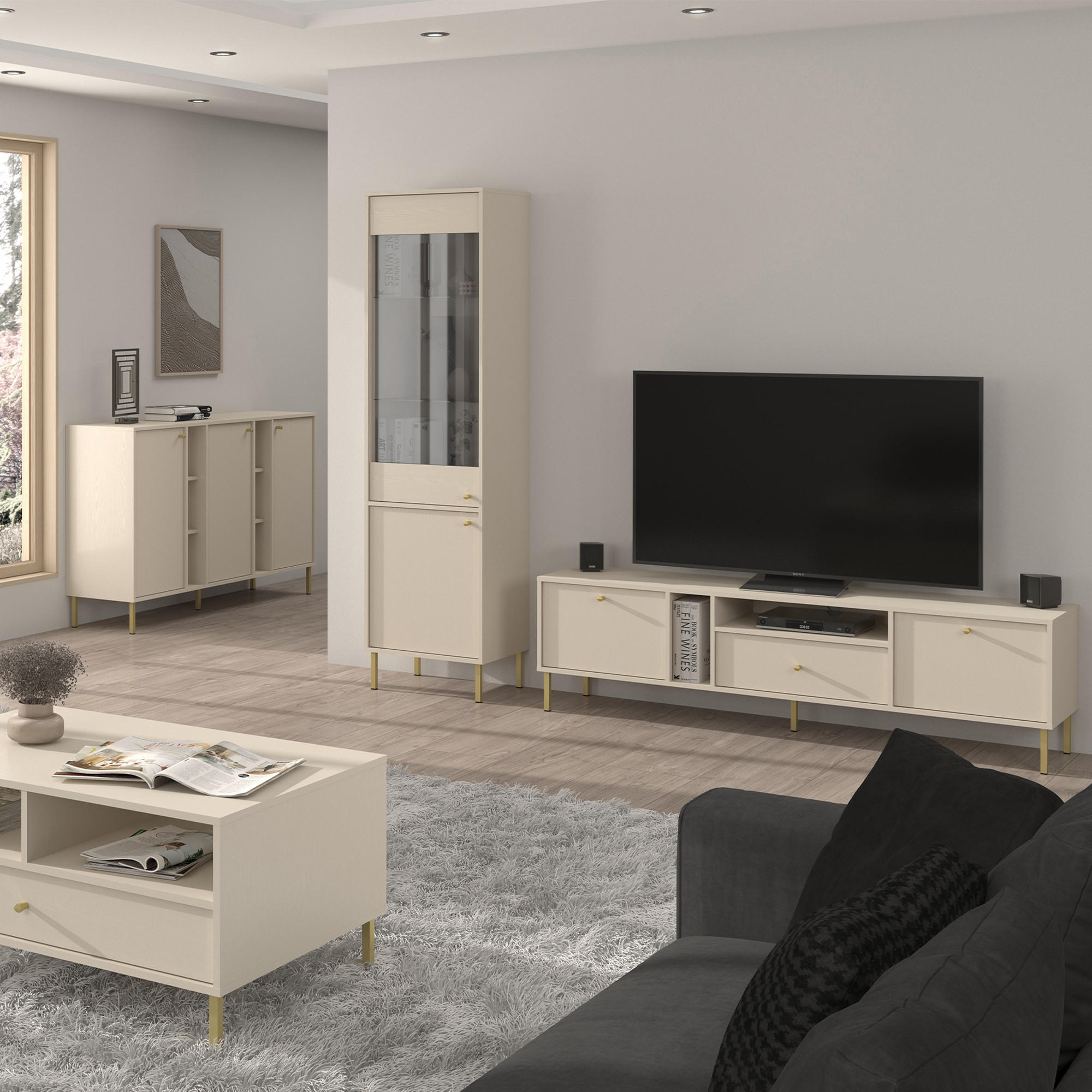TV-LOWBOARD FLOREN, Creme/Gold - Creme, Holzwerkstoff/Metall (180/50/40.8cm) - KONSIMO®